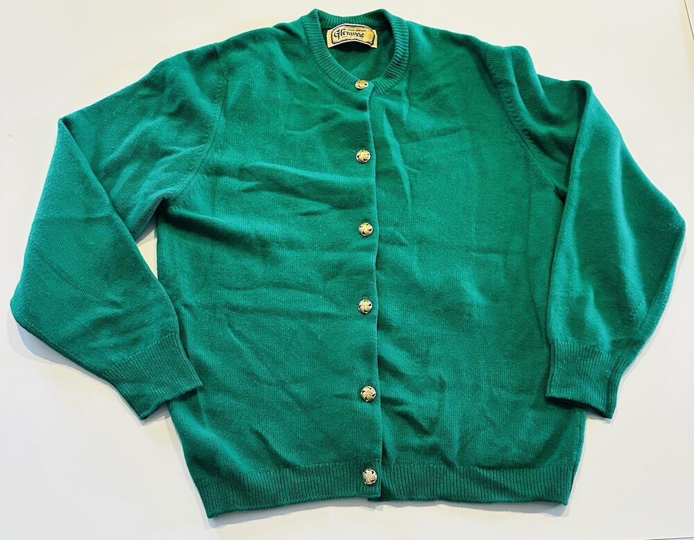 VTG Glenmac Lambs Wool Green Cardigan Sweater Womens Sm Gold Button Scottland